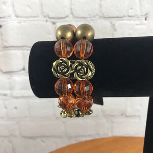 Gold Tone Roses & Orange Beaded Fashion Bracelet - New with Tag